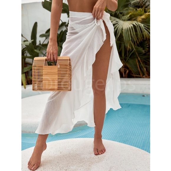 White Ruffle Beach Sarong Skirt Tie Wrap - Picture 1 of 6